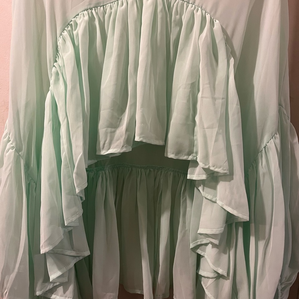 Women's Mint Green V-Neck Ruffled Blouse - Picture 4 of 7